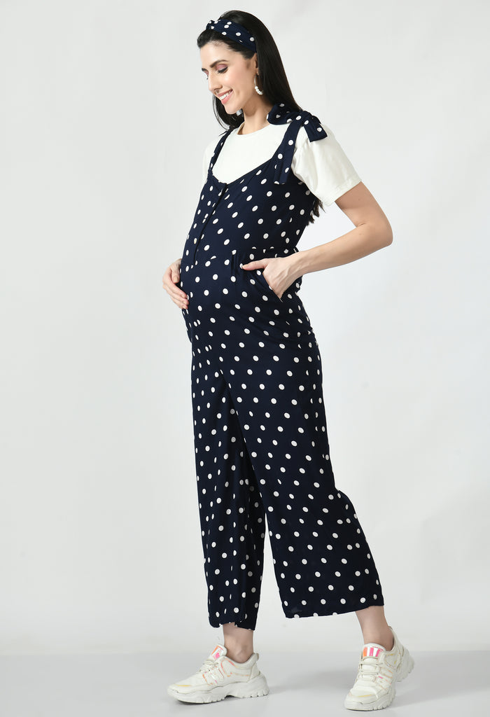 Navy Polka Dot Print Maternity & Nursing Jumpsuit with T-shirt