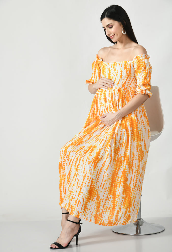 Yellow Shibori Print Maternity & Nursing Off Shoulder Maxi Dress