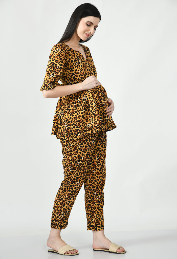 Brown & Black Leopard Print Maternity & Nursing Peplum Top with Pant Set