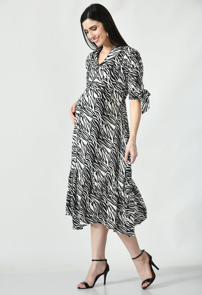 Rayon Zebra Print Maternity & Nursing Shirt Midi Dress - White & Black