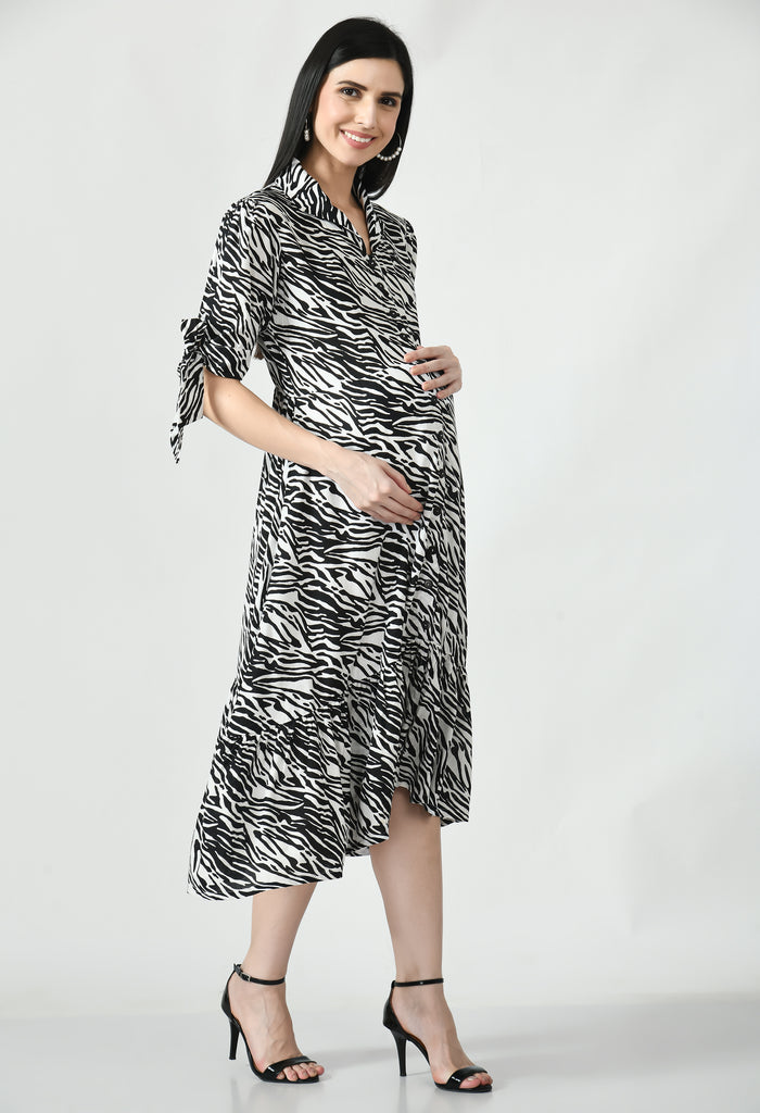 Rayon Zebra Print Maternity & Nursing Shirt Midi Dress - White & Black