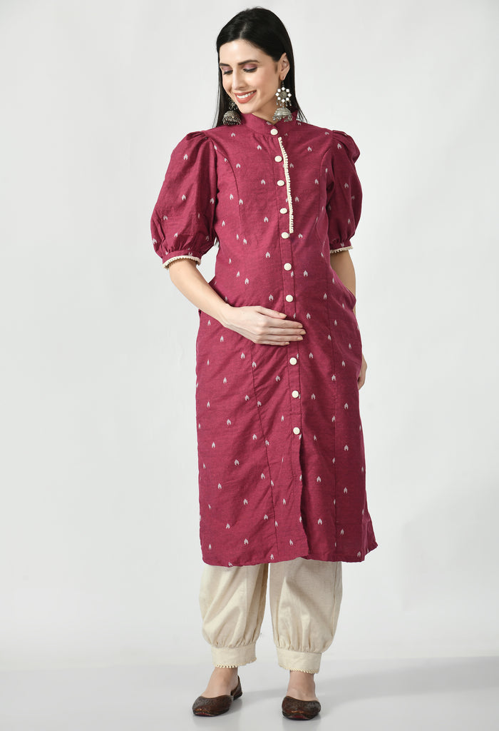 Pink Heart Print Maternity & Nursing Kurta with Linen Afghan Salwar Set