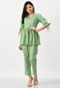 Green Cotton Hand Block Maternity & Nursing Peplum Top & Pant Coord Set