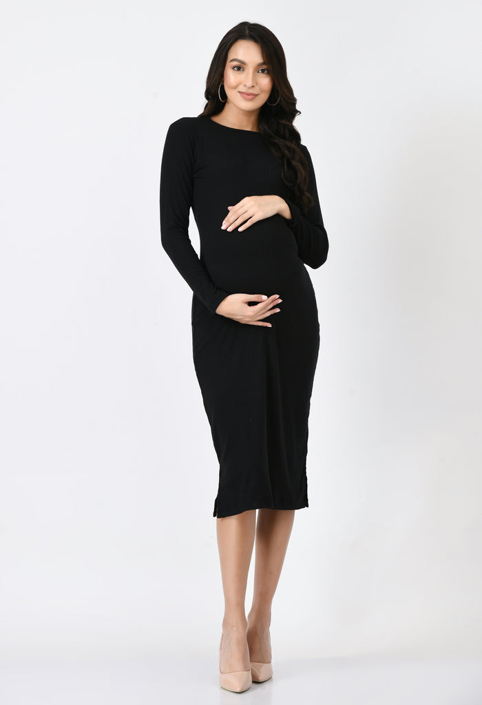 Black Ribbed Maternity Midi Dress set