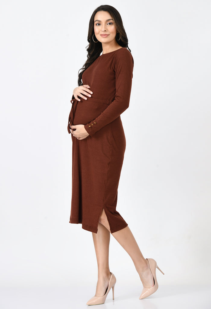 Brown Ribbed Maternity Midi Dress set