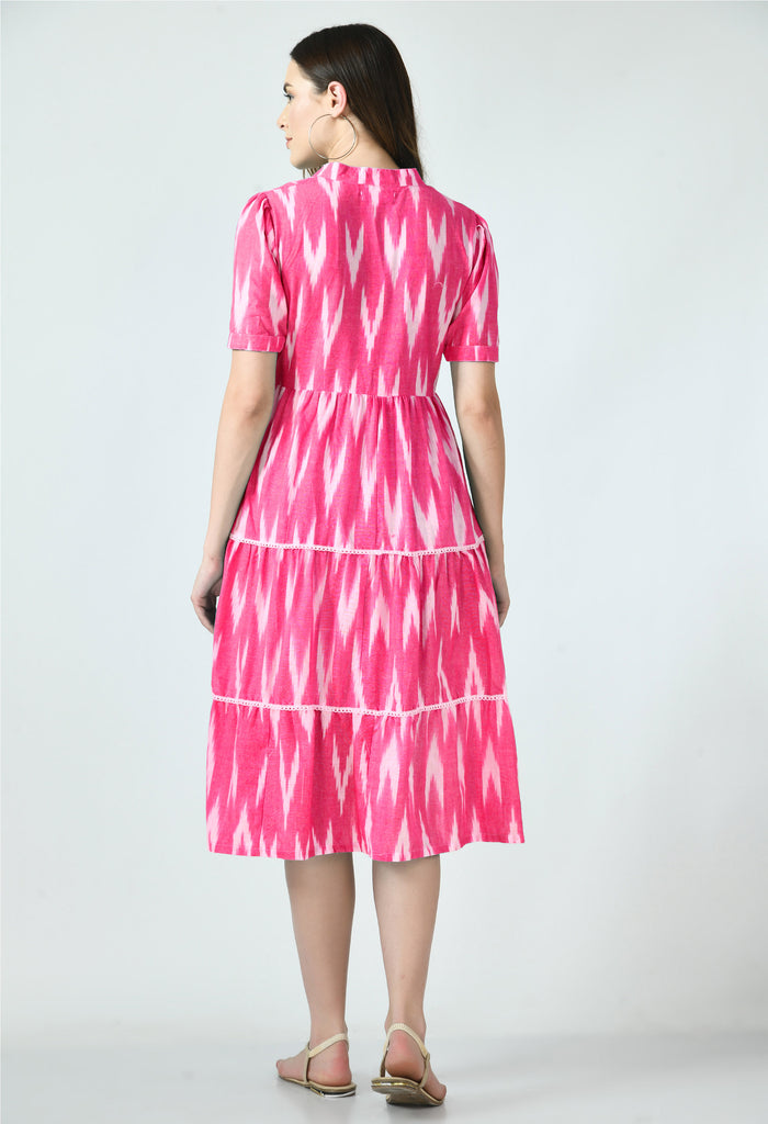 Pink Cotton Ikat Maternity & Nursing Midi Dress set of 1 Pcs