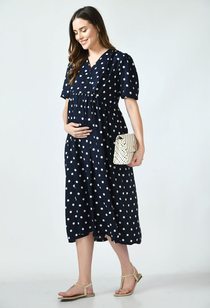 Navy Blue Polka Dot Nursing and Maternity Dress