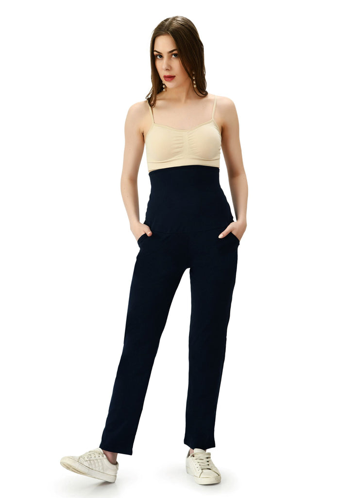 Navy Over Belly Maternity Straight Fit Pants with Pockets
