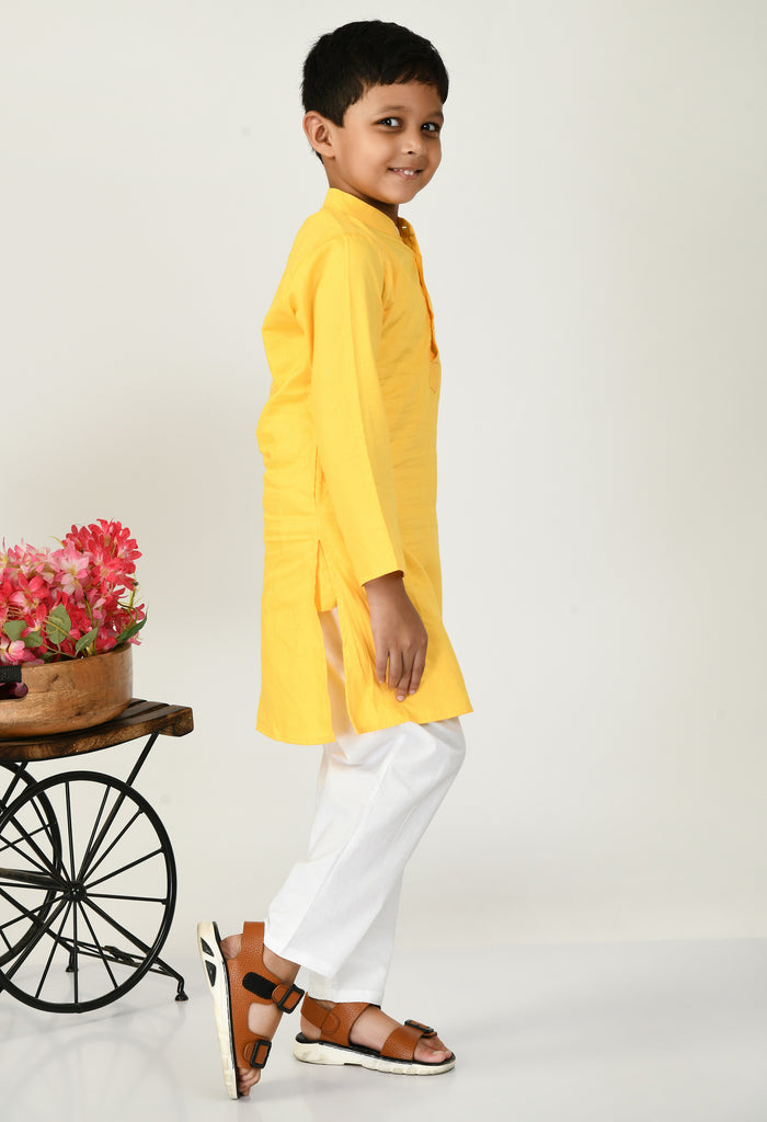 ADRA Kids Boys Yellow Cotton Stripes Half Sleeves Jacket & Kurta with Pant Set