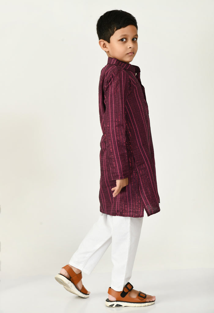 ADRA Kids Boys Purple Cotton Lurex Stripes Print Kurta with Pant Set