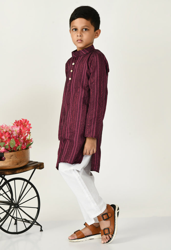 ADRA Kids Boys Purple Cotton Lurex Stripes Print Kurta with Pant Set