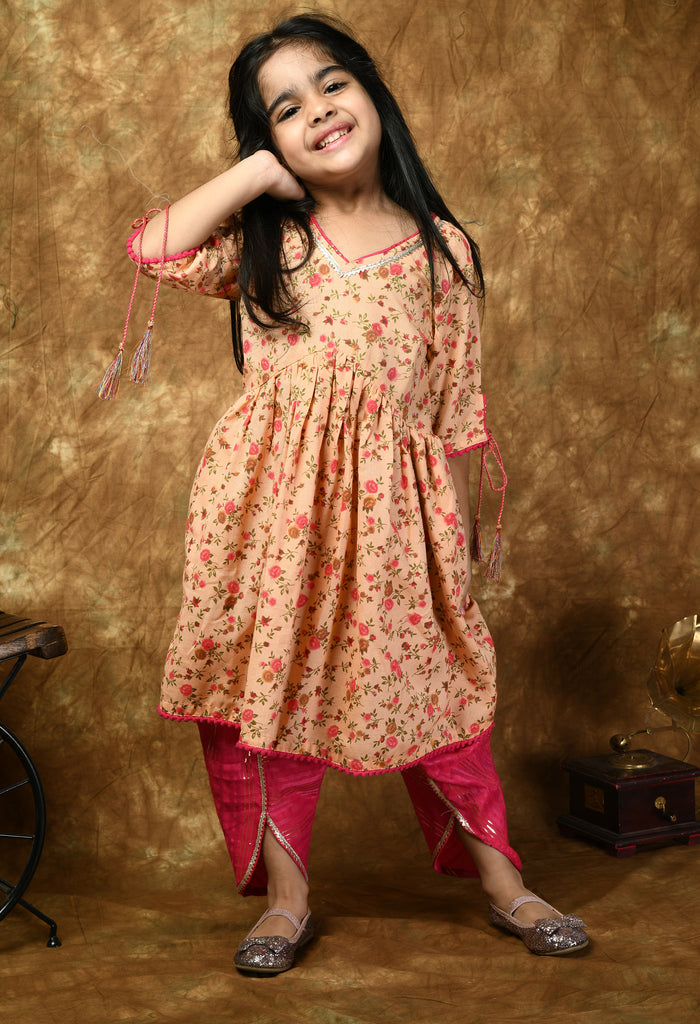 ADRA Kids Pink Girls Cotton Floral Printed Tie -Up Sleeve kurta with Tulip Style Dhoti