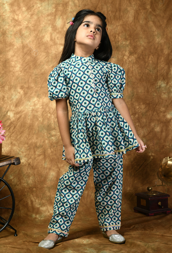 ADRA Kids Girls Blue Cotton Printed Peplum Top & Pant Set