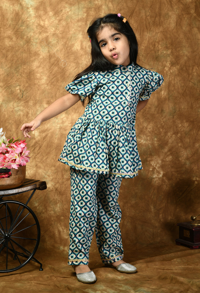 ADRA Kids Girls Blue Cotton Printed Peplum Top & Pant Set