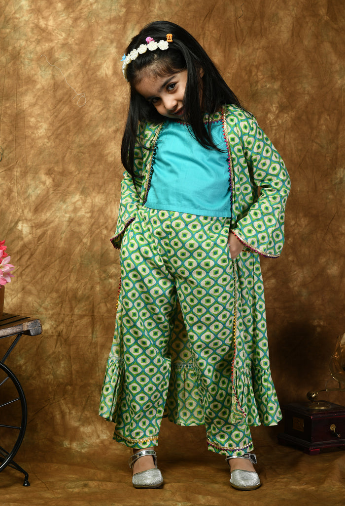 ADRA Kids Girls Light Green Cotton Printed Top & Pant with Frill Jacket Set