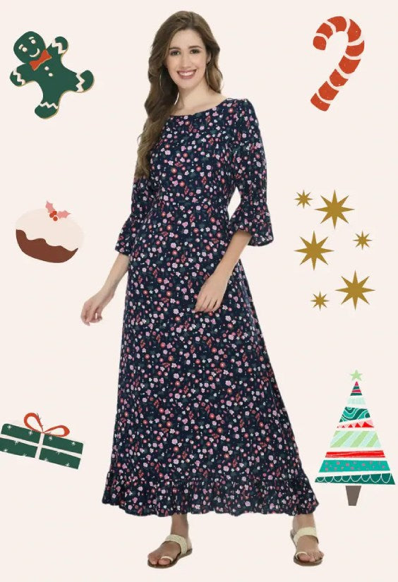 Navy Floral Ditsy Print Maternity & Nursing Maxi Dress