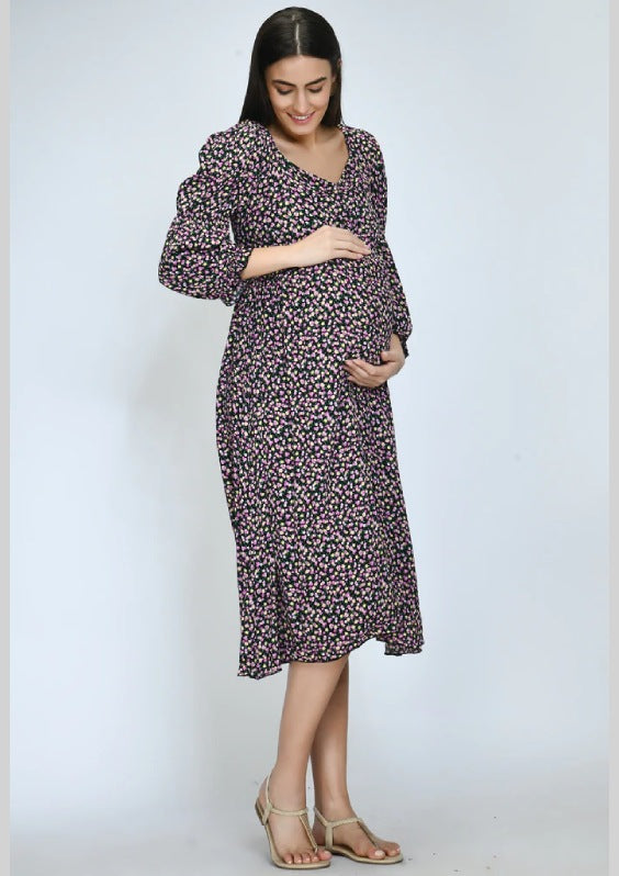 Navy Floral Ditsy Print Moss Crepe Maternity & Nursing Dress