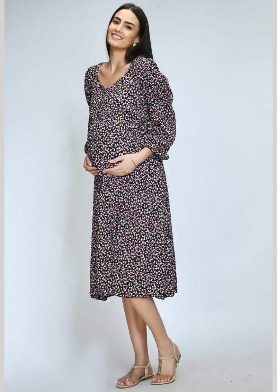 Navy Floral Ditsy Print Moss Crepe Maternity & Nursing Dress