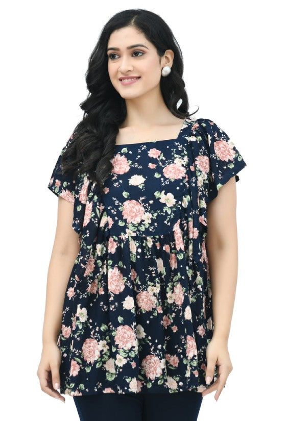 Navy Floral Maternity & Nursing Top with Zip