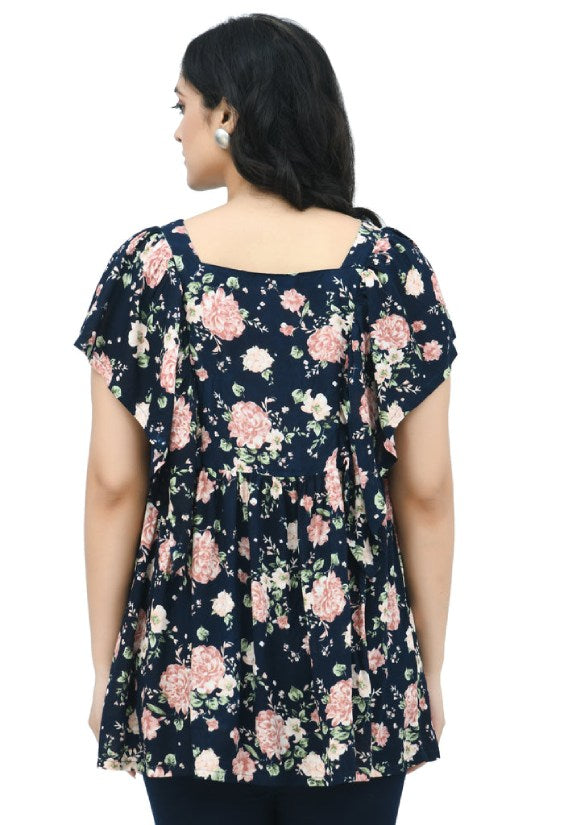 Navy Floral Maternity & Nursing Top with Zip