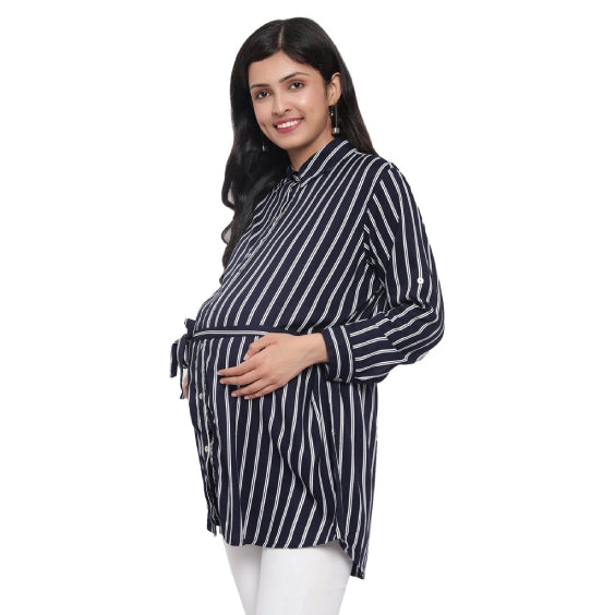 Navy White Striped Maternity & Nursing Shirt
