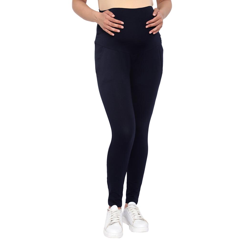 Navy Blue Over Belly Maternity Leggings With Pockets