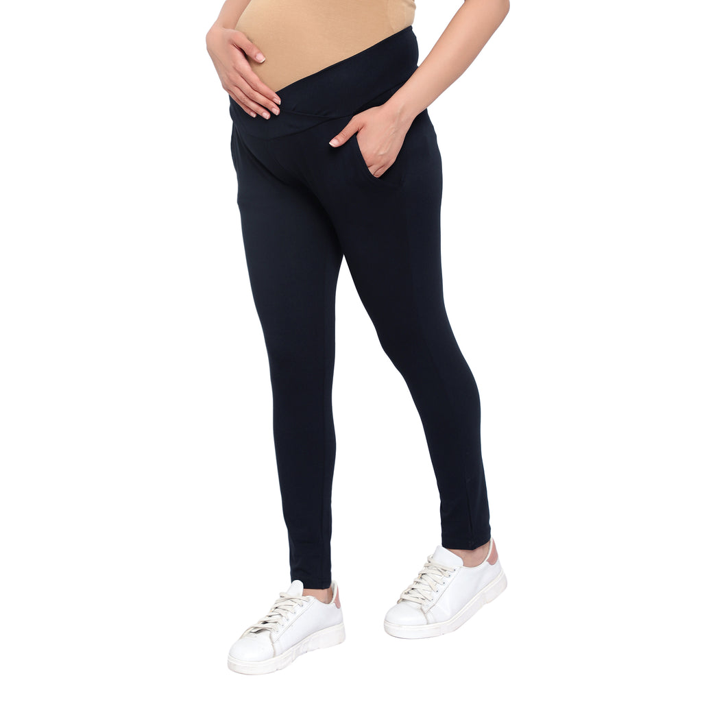 Navy Blue Under Belly Maternity Leggings with Pockets