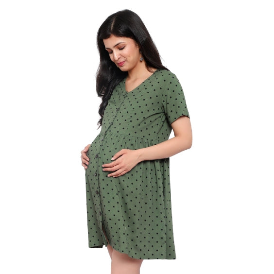 Olive Black Polka Dot Maternity & Nursing Tunic Dress