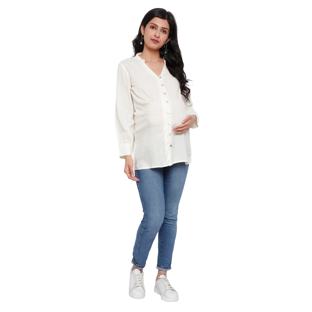 Off White Solid Button Down Maternity & Nursing Shirt
