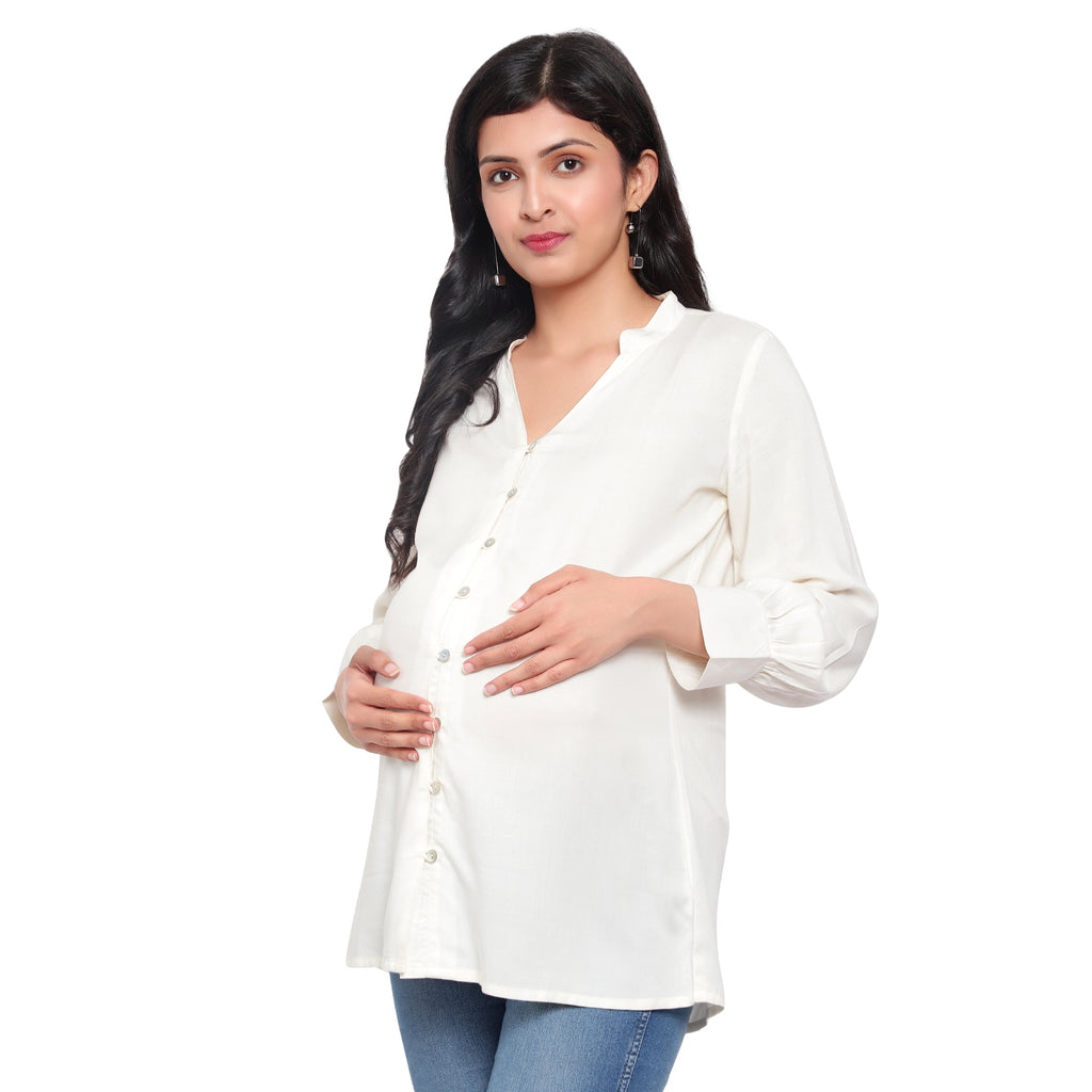 Off White Solid Button Down Maternity & Nursing Shirt