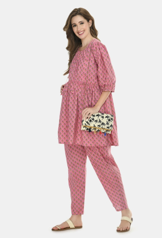 Pink Cotton Floral Maternity & Nursing Top & Pant Set