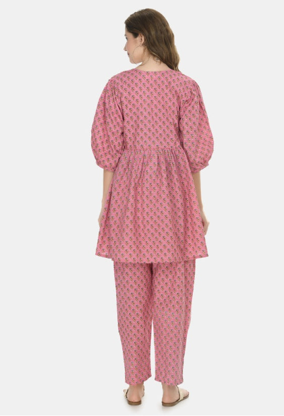 Pink Cotton Floral Maternity & Nursing Top & Pant Set