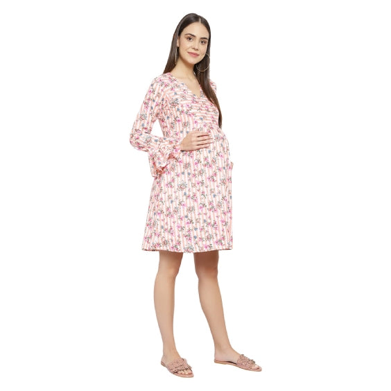Pink Floral Striped Bell Sleeves Maternity Dress