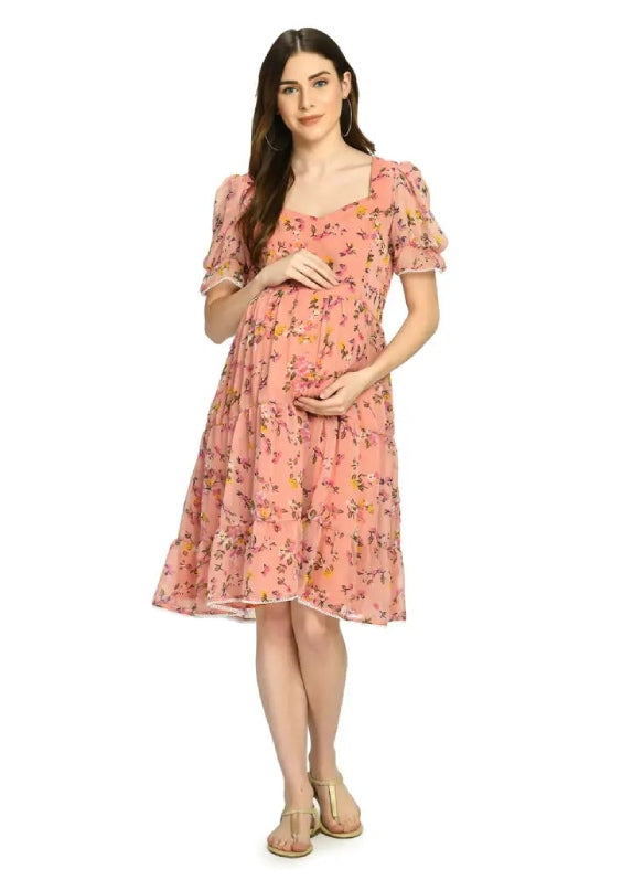Pink Floral Tiered Maternity & Nursing Knee- Length Dress