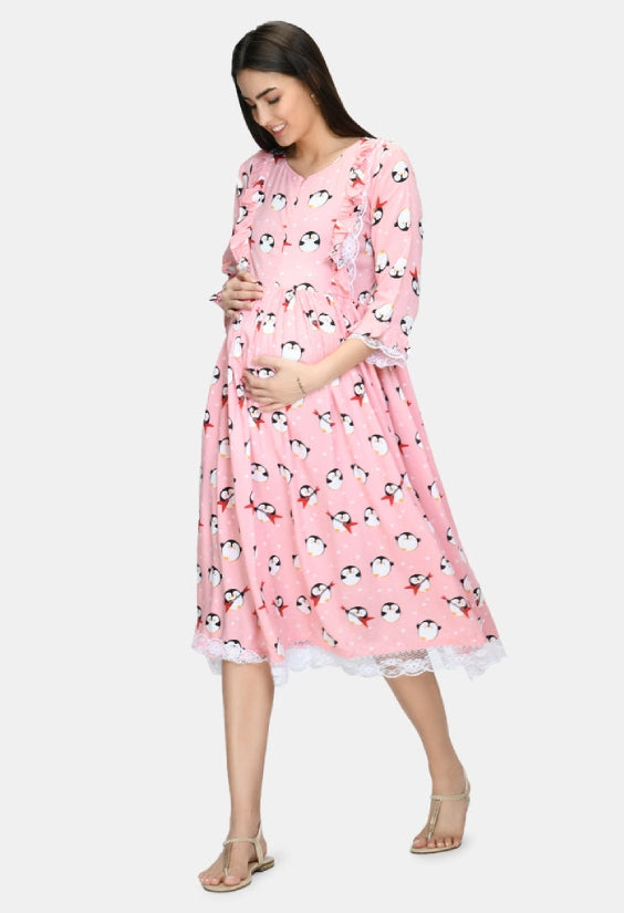 Pink Penguin Print Maternity & Nursing Gown