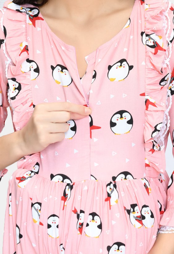 Pink Penguin Print Maternity & Nursing Gown