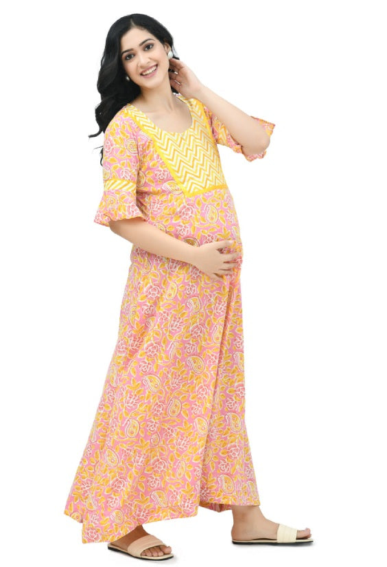 Buy Elady Soft Hosiery Cotton Maternity Gown Floral Pinted Design and  Lining Combo Stylish Nursing Feeding Nighty Pre and Post Pregnancy with  Concealed Zip,- Free Size at Amazon.in
