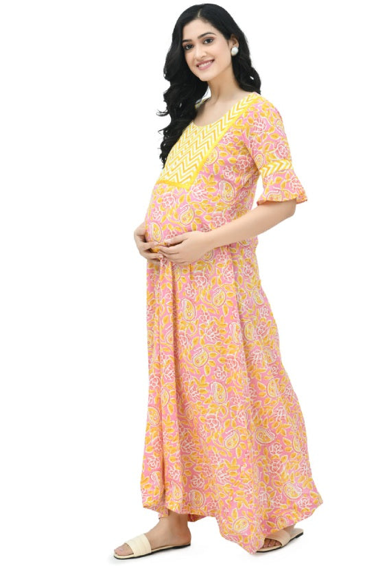 Pink & Yellow Floral Maternity Nursing Nighty Maxi with Zip