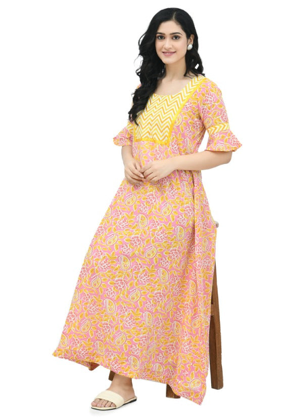 Pink & Yellow Floral Maternity Nursing Nighty Maxi with Zip