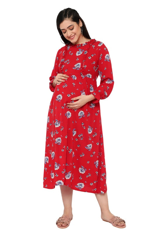 Red Floral Ruffle Design Maternity & Nursing Dress
