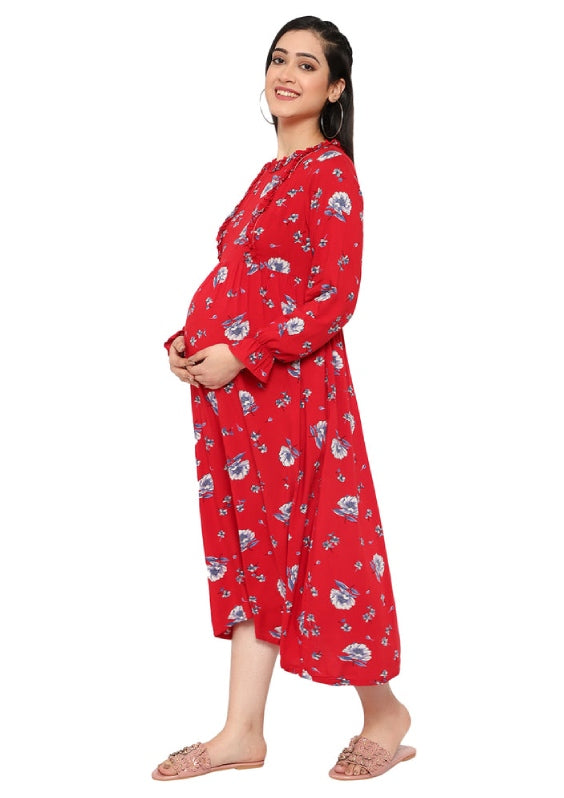 Red Floral Ruffle Design Maternity & Nursing Dress
