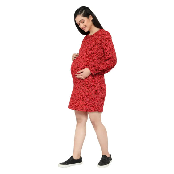 Red Floral Ditsy Tiered Maternity & Nursing Dress