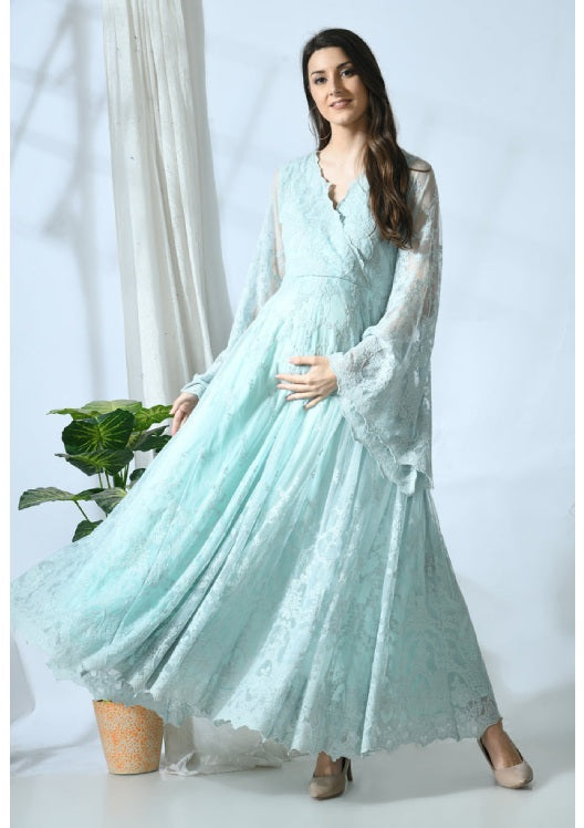 Sea Green Net Photoshoot and Baby Shower Maternity Gown