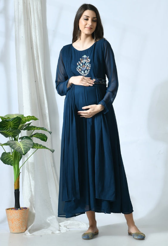 Teal Floral Embroidery Indo-Western Maternity & Nursing Gown with Belt