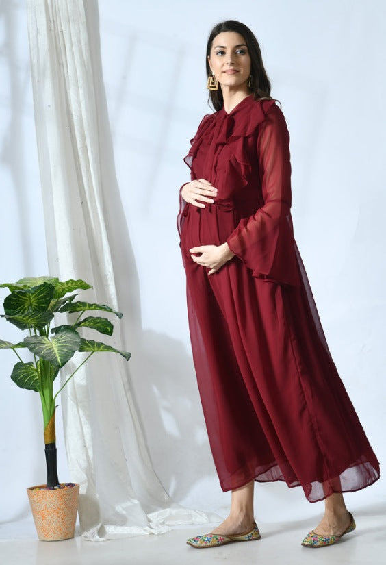 Wine Maternity & Nursing Solid Baby Shower and Photoshoot Gown