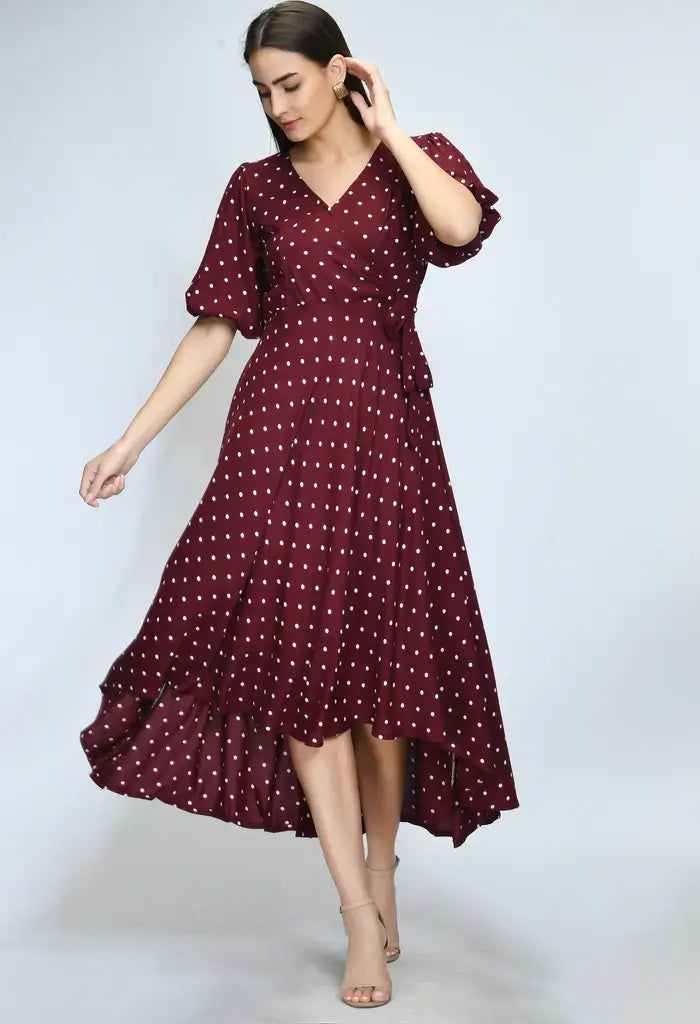 Wine Polka Dot Hi- Lo Maternity & Nursing Dress