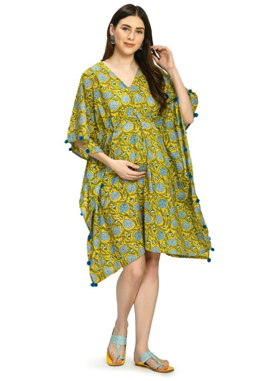 Yellow Bloom Maternity & Nursing Short Kaftan With Button