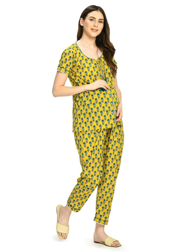 Night Maternity satin pajamas with detachable faux feather trim in cream  and pink spot | ASOS