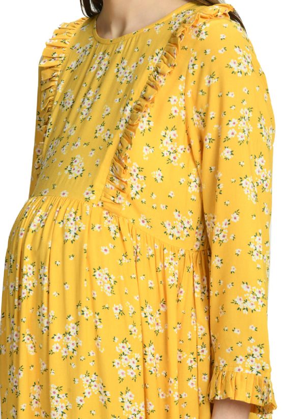 Yellow Ditsy Print Ruffles Maternity & Nursing Maxi Dress