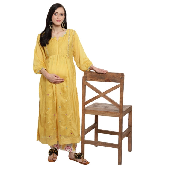 Yellow Pintex Embroidery Maternity Kurta Set